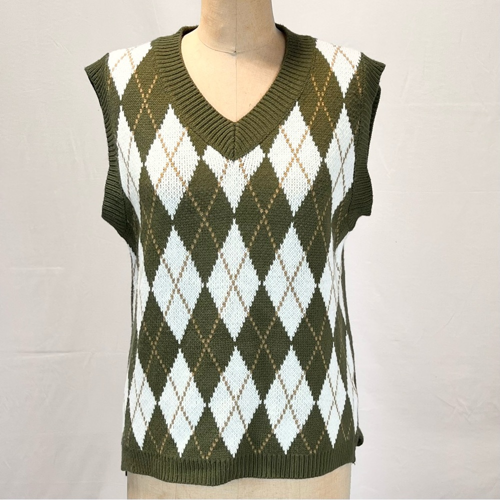 Preppy argyle‎ diamond knit sweater vest womens sleeveless layer tennis prep y2k - Picture 7 of 9